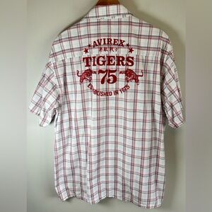 VTG Avirex Men’s Button Up Short Sleeve Plaid Shirt Size XL Tigers Logo Graphic